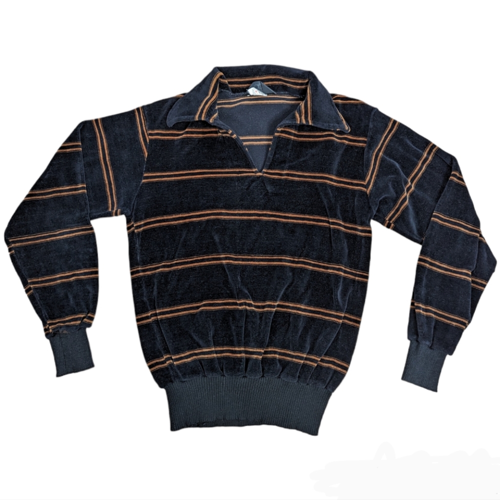 Men's vintage 80s black and brown striped velour top size medium